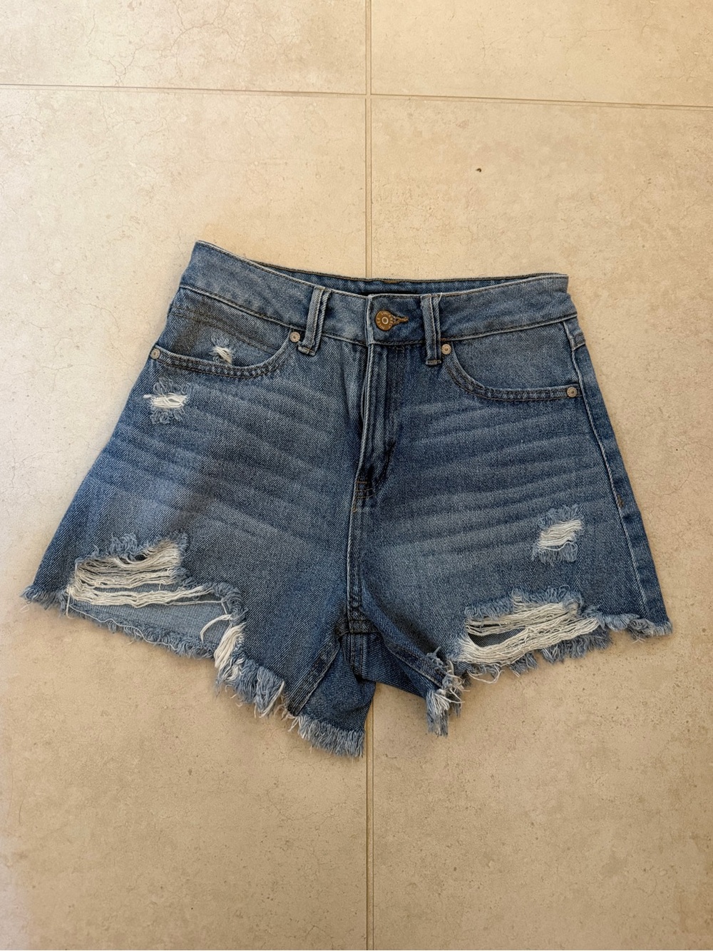 High-Rise Distressed Denim Shorts - Blue